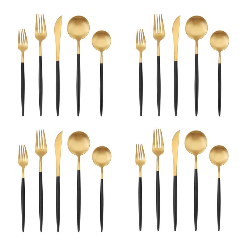 Bysta Matte Gold Silverware Set with black handle, Bysta 20-Piece Stainless Steel Flatware Set, Kitchen Utensil Set Service for 4, Tableware Cutlery Set for Home and Restaurant, Dishwasher Safe - Image 1